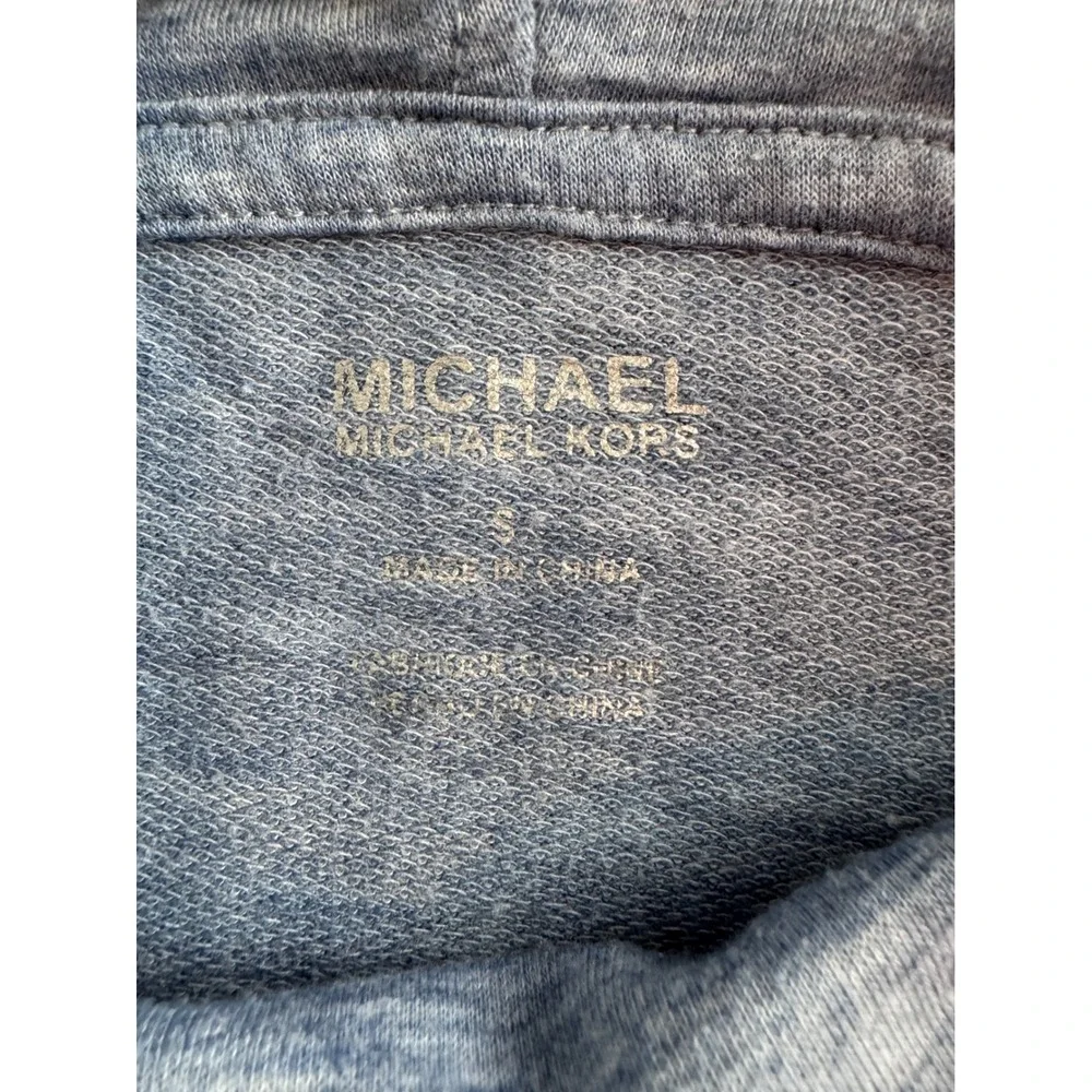 Michael Kors Womens Cowl Neck Top Blue Gray Rhinestone MK Logo Long Sleeve S
